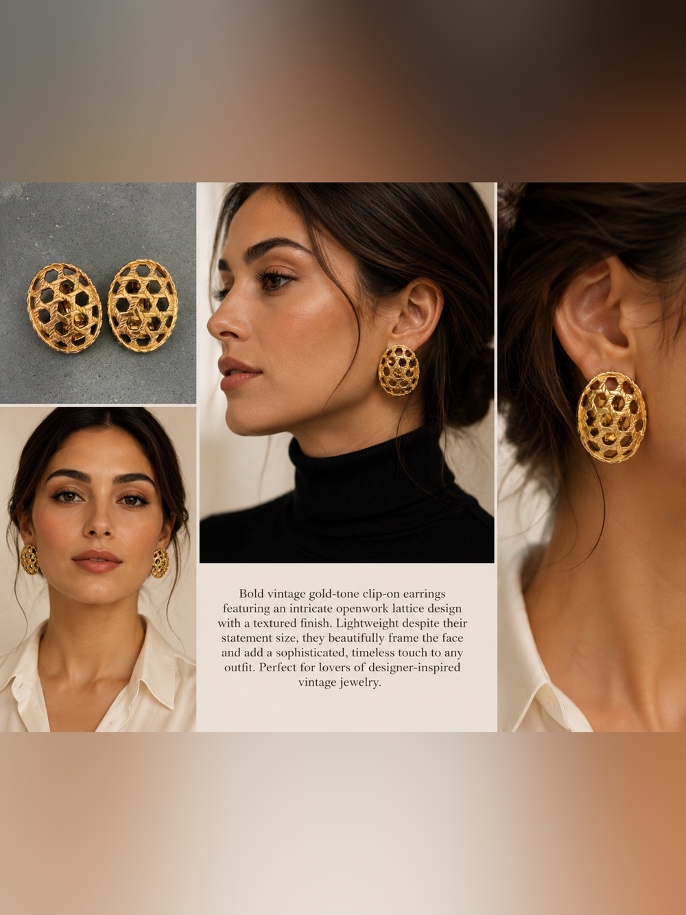 Authentic Vintage Christian Dior Gold-Tone Honeycomb Oval Clip-On Earrings